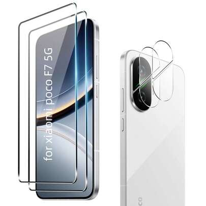 4-delars set för Xiaomi Poco F7 5G/Poco F7 Pro/Poco F7 Ultra/F8 Pro/F8 Ultra/M7 4G/M7 Pro 5G/X7 Pro/X6 Pro/C85/C71 - 2 st. 9H härdat glasskärmskydd + 2 st. härdat glaskameralinsskydd, reptåligt, hög upplösning, 3D-transparent, känslig beröring, exakt passform, enkel installation, hållbart skydd för smartphones