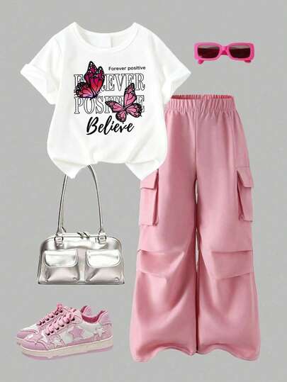 Toddler Girls' Cartoon Print Round Neck Short Sleeve Top And Cargo Pants Set