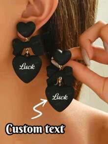 1 Pair Personalized Earrings, Valentine's Jewelry For Women, Customizable With Your Name, Black Heart Shaped Earring Pendant, Suitable For Daily Wear And Parties, Alloy Material, Laser Engraved Letters, Wedding Party Accessory, Valentine's Day Gift, Mother's Day Gift - Multicolor - View 2