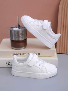 1 Pair White Printed Cute Pattern PU Material Hook & Loop Baby Sneakers, Fashionable Comfortable Non-Slip Wear-Resistant Lightweight Stylish Toddler Walking Shoes, Lasted Construction, Stable Foot Support, Suitable For Daily Wear - White - View 6