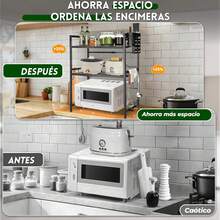 Estante para Microondas Organizador de Cocina, Estante Extensible de 3 Niveles con Ganchos para Utensilios, Tabaquera y Portatablas,Soporte para microondas para Cocina Negro - H - Ver 6