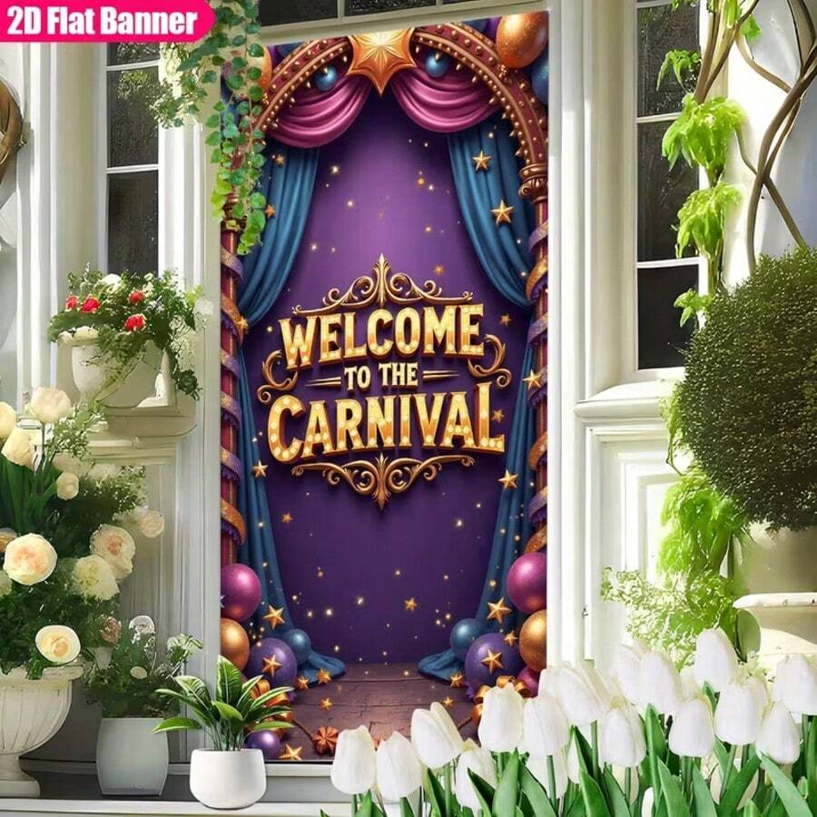 2D门旗，1件装，亮紫色和金色嘉年华派对背景布 - 饰有星星、气球和节日装饰，耐用涤纶面料，适合室内/室外庆祝活动、生日派对装饰 - 彩色 - 查看 1