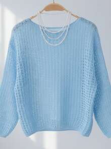 Suéter de cuello redondo de manga larga, de corte holgado y unicolor para mujer - Azul - Ver 2