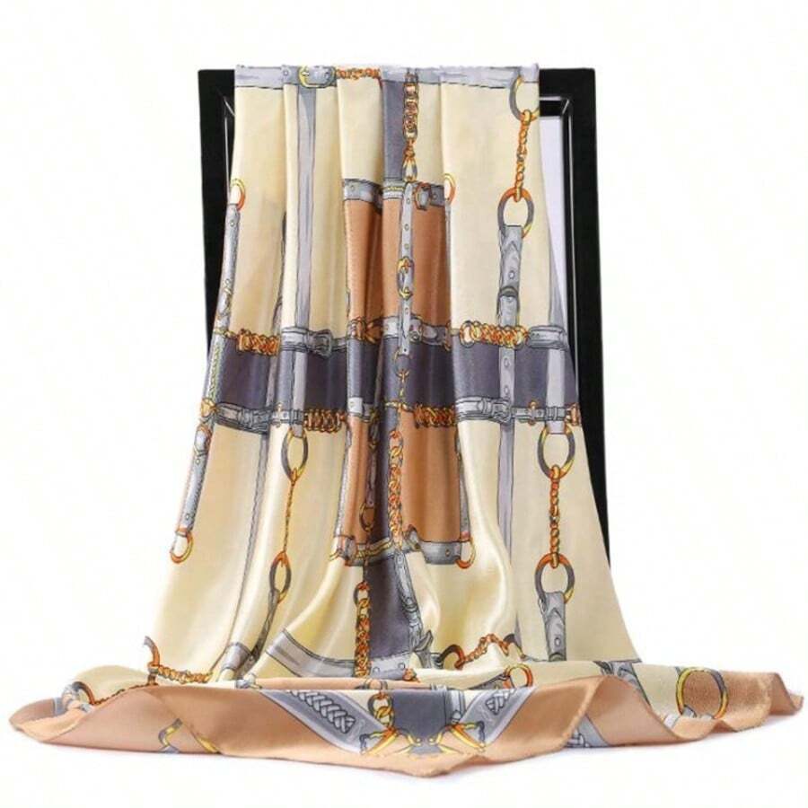 Women's Large Square Satin Scarf 90x90 Chic Polyester Printed - Beige / Cream - View 1