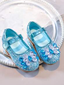 1 Pair Girls' Ice & Snow Princess Flat Shoes With Full Glitter And Rhinestones, Round Toe, Single Strap Buckle, Non-Slip, Versatile For Daily Wear - Blue - View 5