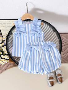 2pcs Baby/Baby GirlCute Ruffle Bow Sleeveless Tank Top And Lantern Shorts Set, Summer Outfit - Baby Blue - View 2