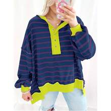 - Sudaderas de rayas de gran tamao para mujer, estilo Henley con bloques de color, estilo casual - marino + CH - Ver 4