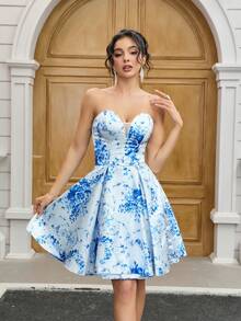 YUMIBRAVO Blue And White Porcelain Print Dresses For Women, Strapless Christmas Party Dress, Party Dresses For Women Satin Ball Gown For Woman Short Prom Dress Graduation Dress Formal Dress Elegant Birthday Dress - 藍白色 - 查看 3