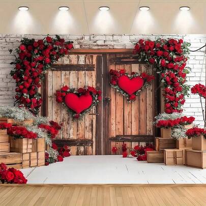 2D Flat Valentine's Day Background Cloth - Brick Wall, Wooden Door, Red Roses Design - Suitable For Valentine's Day, Weddings, Anniversaries, Birthdays, Holiday Celebrations, Indoor And Outdoor Party Decorations, Festive Gatherings, Home Decor, And Studio Props