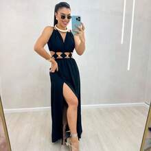 Women's Long Dress With Cutouts And Side Slit, Elegant And Premium Finish. Long Dress With Two Neckline Styles And Side Slit. Features Cutouts, A Slit, And A Tie At The Neckline. Elegant, Casual, Party, Split Fabric, Side Opening, Bare Back, Drawstring Tie. 2-In-1. Suitable For: Beach, Night, Garden, Photoshoot, Street, Birthday Party, Stage And Concert, Bachelorette Party, Travel, Vacation. - màu đen - Xem 5