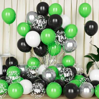 46个/绿色气球套装，黑色绿色10/12英寸黑色银色和白色气球，适合男孩儿童足球比赛主题生日婴儿派对装饰