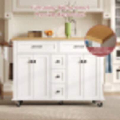 Multifunctional Kitchen Trolley With Fold-Out Worktop, Extendable To 120*65 Cm, With 5 Drawers, Cabinets, Spice And Towel Racks, On Casters – Kitchen Island For Kitchen, Dining Room And Living Room