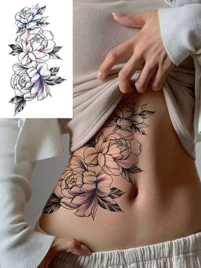 1pc Colorful Sexy Sketch Floral Tattoo Sticker, Authentic Tattoo Appearance, Non-Reflective, Waterproof , Allow You To Express Your Personalized, Colorful Sketch Floral Design For Women's Waist & Thigh, Multi-Functional Unisex Body Art Temporary Tattoo, Suitable For Arms, Chest, Neck And Back, & Easy To Apply And Remove.
