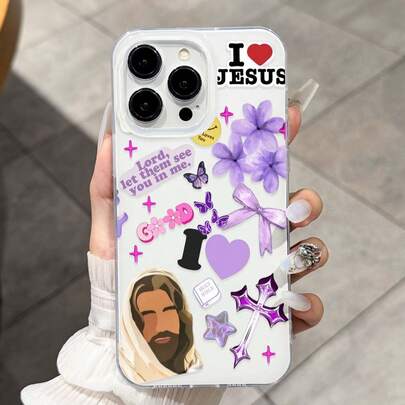 Ốp điện thoại chống sốc, bóng bẩy, chất lượng cao, họa tiết hoa tím hình Chúa Giê-su, tương thích với iPhone 17/16 Pro Max, 14/13, 12, 11 Pro Max, XS Max, XR, Plus. Thích hợp làm quà tặng sinh nhật, cho bạn gái, bạn trai hoặc sử dụng cá nhân.