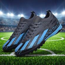 1 Pair Unisex Studded Football/Soccer Training Shoes, High-Top Outdoor Team Sports Shoes For Artificial Turf, Hard Court, Indoor Training Field, Professional Large Size Rugby Shoes, Men's Professional Sports Shoes With PU Front Lace-Up, Non-Slip Rubber Sole, TF Short Studs, Lightweight High-Performance Anti-Slip Design, Professional Football Boots, Factory Direct - Gray-blue - View 4