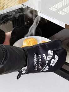 2pcs Printed Heat Resistant Gloves & Printed Heat Resistant Pad, Silicone Insulation Mat - Black - View 4