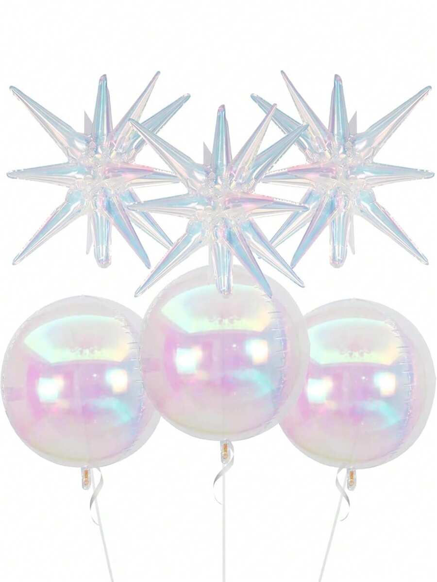 6pcs Iridescent Foil Balloons, 22Inch Clear 4D Round Holographic Ball Balloon And Explosion Star Balloon For Birthday Wedding Baby Shower Prom Party Anniversary Decorations - Multicolor - View 1
