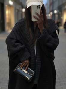 Solid Open Front Loose Knit Cardigan, Casual Long Sleeve Long Length Sweater With Pocket, Women's Clothing - Black - View 2