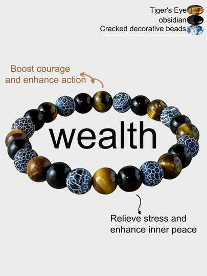1PC/Bohemian Natural Tiger's Eye, Obsidian, Cracked Bead Elastic Bracelet For Men, Suitable For Daily Wear, Wealth Jewelry, Holiday Gifts