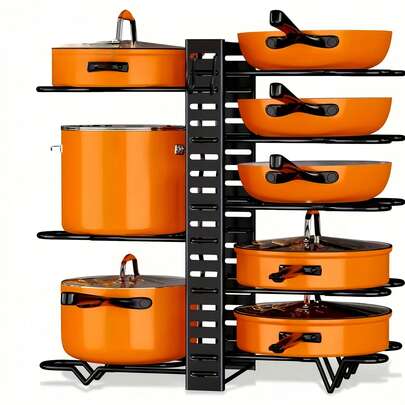 מדף סירים מתכוונן בן 8 קומות - מחזיק מכסה נשלף בצורת U עמיד, חוסך מקום לארונות מטבח ומשטח עבודה אנכי, שחור, חזק ועמיד