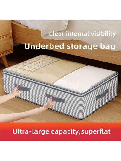 1/3 túi đựng đồ dưới gầm giường cỡ lớn 120g họa tiết sọc, túi đựng đồ dưới gầm giường hình chữ nhật tối giản 120g bằng vải không dệt, túi đựng quần áo có miệng rộng, nắp trong suốt, túi đựng đồ kiểu ngăn kéo có tay cầm gấp gọn, thích hợp để đựng chăn ga gối đệm và quần áo, thích hợp sử dụng trong gia đình.