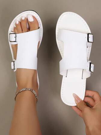 Women's Summer New Fashion Versatile White Double Buckle Adjustable Elastic Simple Casual Flat Sandals