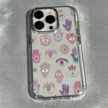 1个彩色手掌心形复古图案透明电镀优雅防震TPU时尚手机壳，兼容 15/14/13/12/11/16/17 Pro Max，国际版，非国内版 - 彩色 - 查看 1