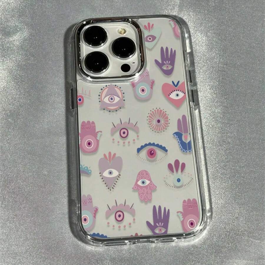 1个彩色手掌心形复古图案透明电镀优雅防震TPU时尚手机壳，兼容 15/14/13/12/11/16/17 Pro Max，国际版，非国内版 - 彩色 - 查看 1