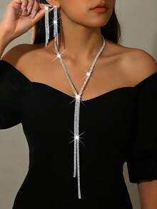 Luxury Versatile Long Collarbone Chain Rhinestone Necklace, Delicate Design High-End Sweater Chain, - Silver - View 4