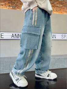 Tween Boys' Fashionable Casual Street Cargo Denim Jeans - Light Wash - View 4