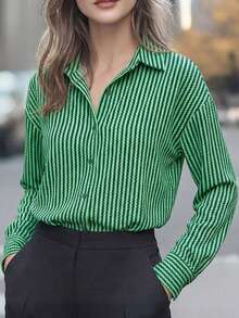 女士条纹长袖衬衫，纽扣前襟，衬衫领——适合春、秋、冬的休闲办公上衣 - 綠色 - 查看 3