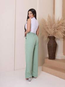 Women's Tailored Wide Leg Straight Leg Trousers With High Waist, Elastic Back, Side Pocket, Elegant And Comfortable, Loose Fit And Perfect Drape For The Office. - 薄荷綠 - 查看 4