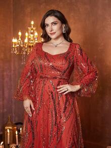 [Random Cut] UNITHORSE Plus Women's Sweetheart Neckline Lantern Sleeve Slim-Fitting Long Evening Dress - Orange - View 6