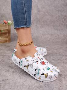 女士时尚卡通印花闭趾鞋，木屐式四季工作鞋，轻便平底透气鞋，舒适柔软鞋底，可调节搭扣，闭趾设计，适合海滩、花园和秋季穿着。 - 白色 - 查看 4