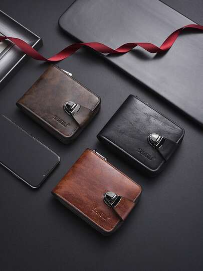 New Fashion Snap Closure Men's Short Wallet, Detachable Chain Wallet Gift For Dad/Boyfriend