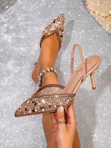 Women's Wide Fit Pointed Toe Handmade Beaded Sequin Pearl V-Cut Slip-On Breathable Mesh Decorative Backless Lightweight Non-Slip Mule Shoes, Fashion Elegant Pearl High Heels For Party, Wedding, Valentine's Day