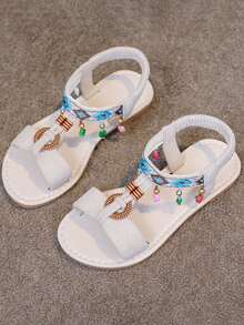 1 Pair Girls' Summer New Fashion Casual Sandals, Roman Style Flat Heel Beach Shoes - Beige - View 1