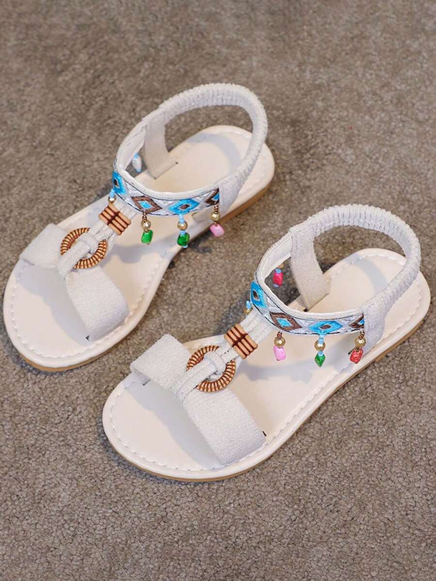 1 Pair Girls' Summer New Fashion Casual Sandals, Roman Style Flat Heel Beach Shoes - Beige - View 1