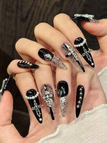 10片装长款尖头手工美甲贴片，适合派对和日常佩戴，黑色，暗黑系，易于佩戴；10片装Y2K风格手工美甲贴片，闪亮夺目，适合女孩和女士参加节日派对和日常佩戴；美甲用品；手工美甲贴片 - 黑色 - 查看 4