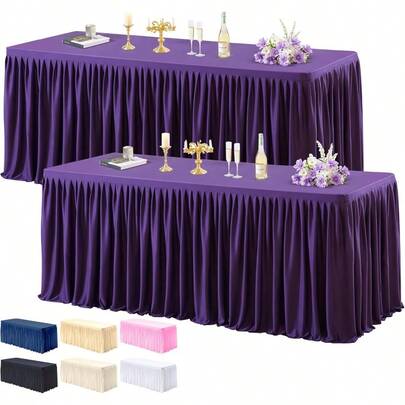 2 Pack Purple Tablecloths For Rec Tables 8ft Wrinkle Resistant Spandex Table Cover Fitted Stretch Table Cloth With Pleated Ruffle Skirts For Party Banquet Dining Birthday Wedding
