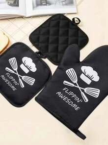 2pcs Printed Heat Resistant Gloves & Printed Heat Resistant Pad, Silicone Insulation Mat - Black - View 1