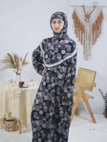 Women's Elegant Hooded Prayer Dress Full Length With Long Regular Sleeves And Ruffle Detailed Neck In Woven Fabric