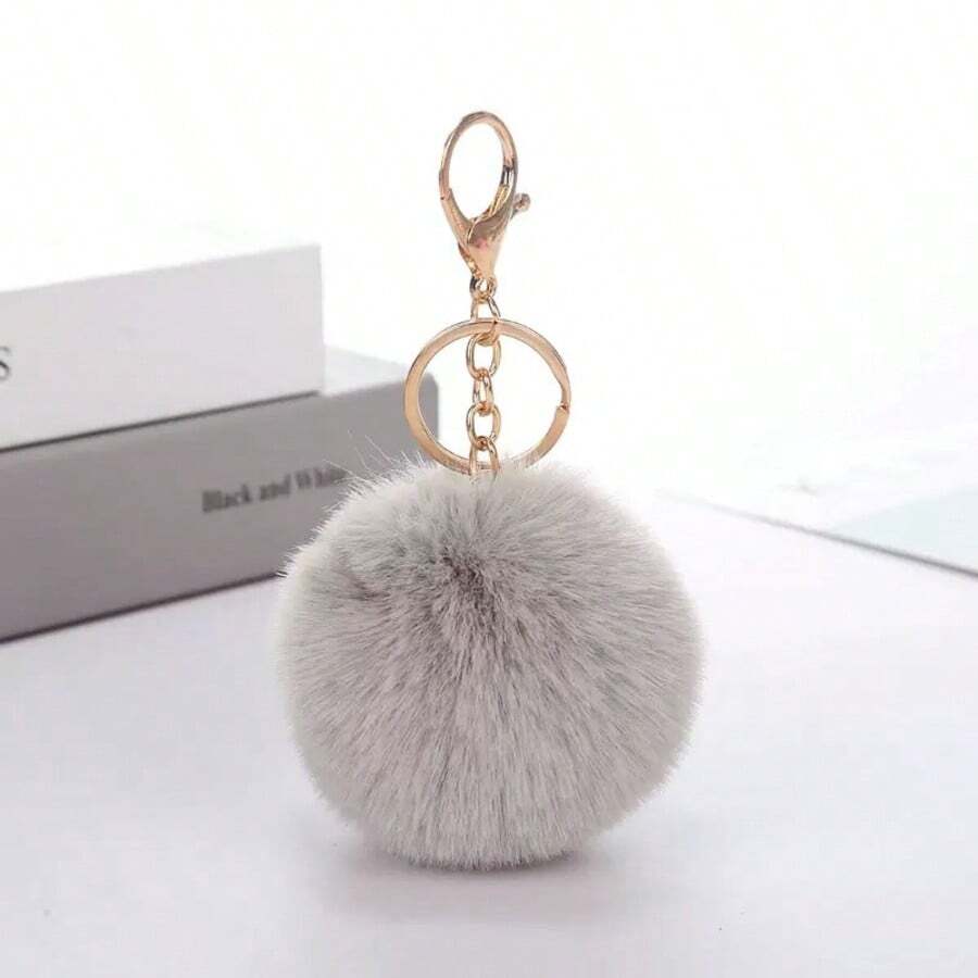 New Minimalist Rabbit Fur Pom Pom Keychain Bag Charm - Khaki - View 1