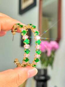 1 Pair Multicolor Zirconia Embellished Oversized C-Shaped Hoop Earrings For Women - Gold - View 6