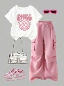 Toddler Girls' Cartoon Print Round Neck Short Sleeve Top And Cargo Pants Set - White - View 1