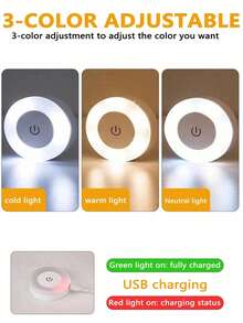 LED暖白色小夜燈，可充電觸控小夜燈，高亮度LED按壓燈，400mAh電池供電壁燈，USB無線觸控圓盤燈，3色可調，可充電圓盤觸控小夜燈，電池供電，無線黏貼照明，適用於牆壁、衣櫥、廚房、櫥櫃下方、檯面，1件裝 - 白色 - 查看 4