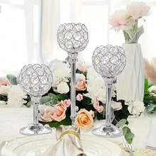 3-Pieces Elegant Crystal Candle Holders - Versatile, Silver Centerpiece Polished Finish For Wedding Decor, Table Centerpieces & Home Ambiance Halloween, Spooky, Autumn, Festival, Holiday , Winter, Holiday, Festival, Room Decor, Gifts Birthday Graduation - 銀色 - 查看 3