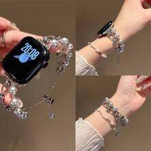 优雅苹果主题珍珠手链表带，配有安全两步式表扣 | 闪亮珠子和可爱苹果吊坠，兼容 Ultra/SE/Series 11/10/9/8/7/6/5/4/3/2/1 | 可调节尺寸，适用于 38mm、40mm、41mm、42mm、44mm、45mm、46mm、49mm 表盘 - 38/40/41mm(s10)42mm - 查看 12