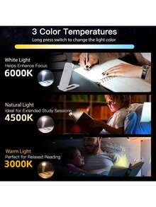 新款USB充电可折叠阅读灯，护眼阅读灯，适合夜间阅读，3种灯光颜色，3档亮度可调，白色外壳，带书夹，便携易收纳 - 彩色 - 查看 10