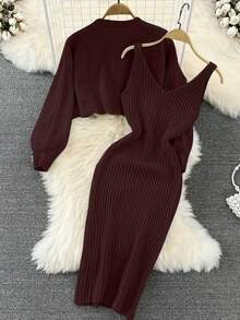 春季女士优雅串珠圆领短款针织上衣+高腰针织连衣裙两件套 优雅休闲针织两件套毛衣套装 女士街头风穿搭 - 紅木色 - 查看 2